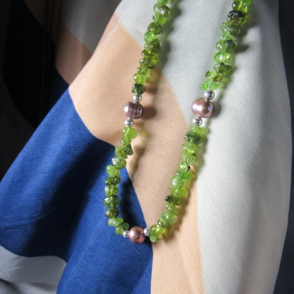 Peridot Pearl Necklace on Sterling Silver Chain, 18” Strand - Picture 4 of 6